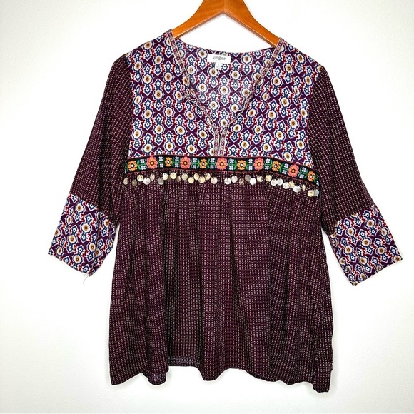 Umgee Burgundy Embroidered 3/4 Sleeves Boho Top Size Small - Picture 11 of 11